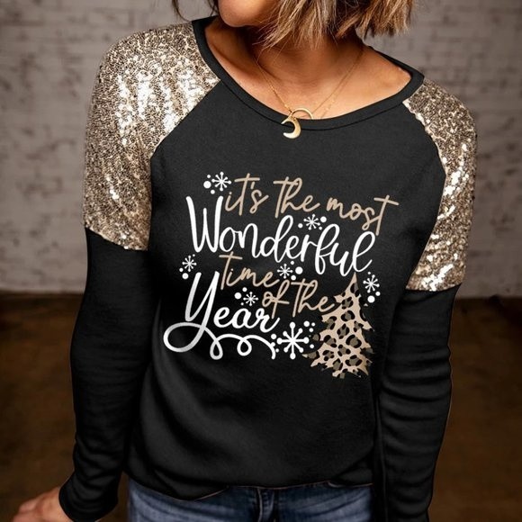 Black Its the most Wonderful time of year Christmas Season Sequin Shoulder Top - Picture 3 of 4